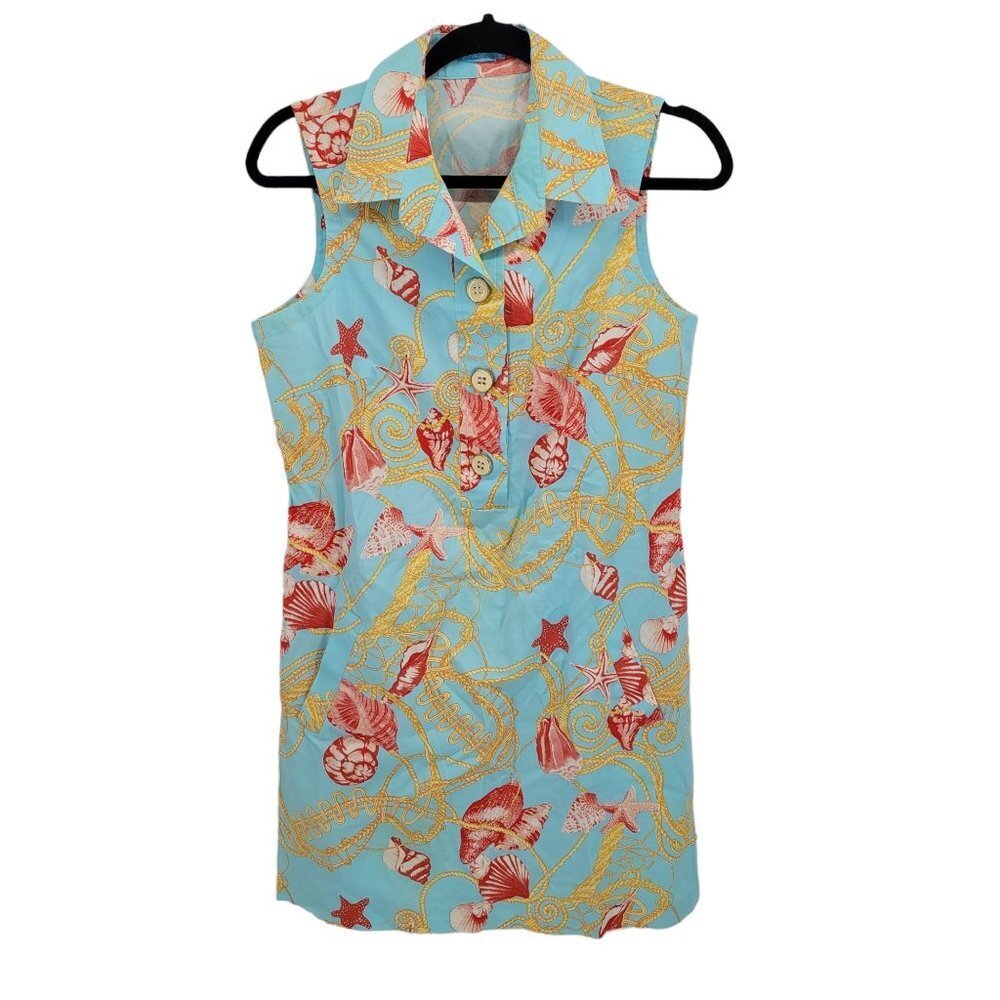 J Mclaughlin womens 6 blue beach shells sleeveless sheath dress cotton blend